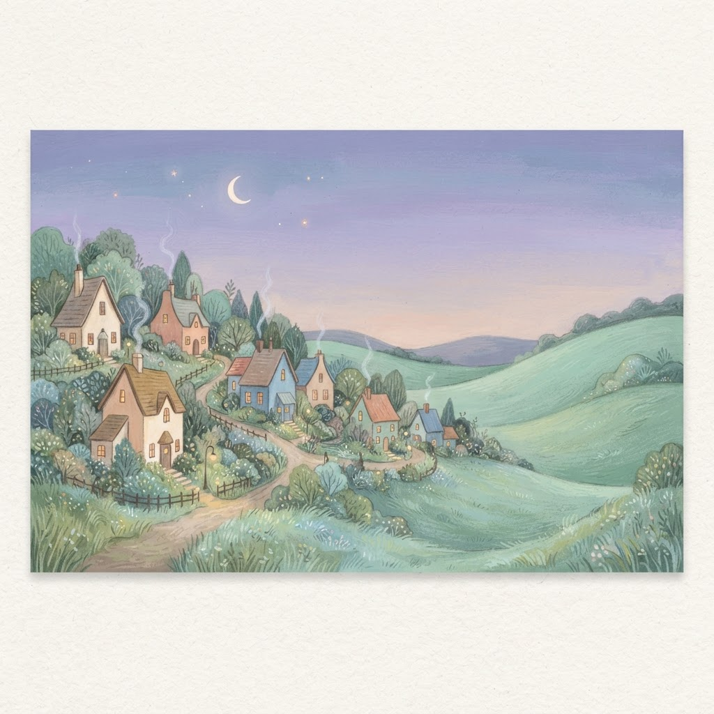 A pastel town at dusk with glowing cottage windows and a crescent moon