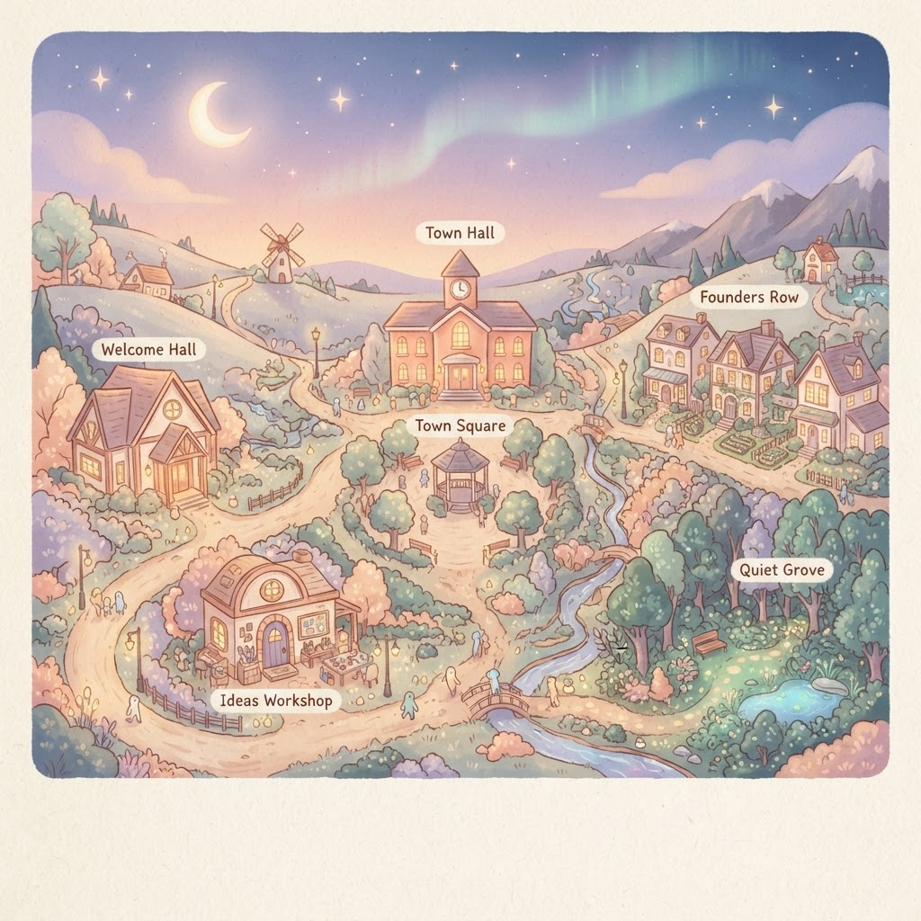 Illustrated pastel map of Musetown with cozy buildings, lanterns, hills, and tiny strolling muses